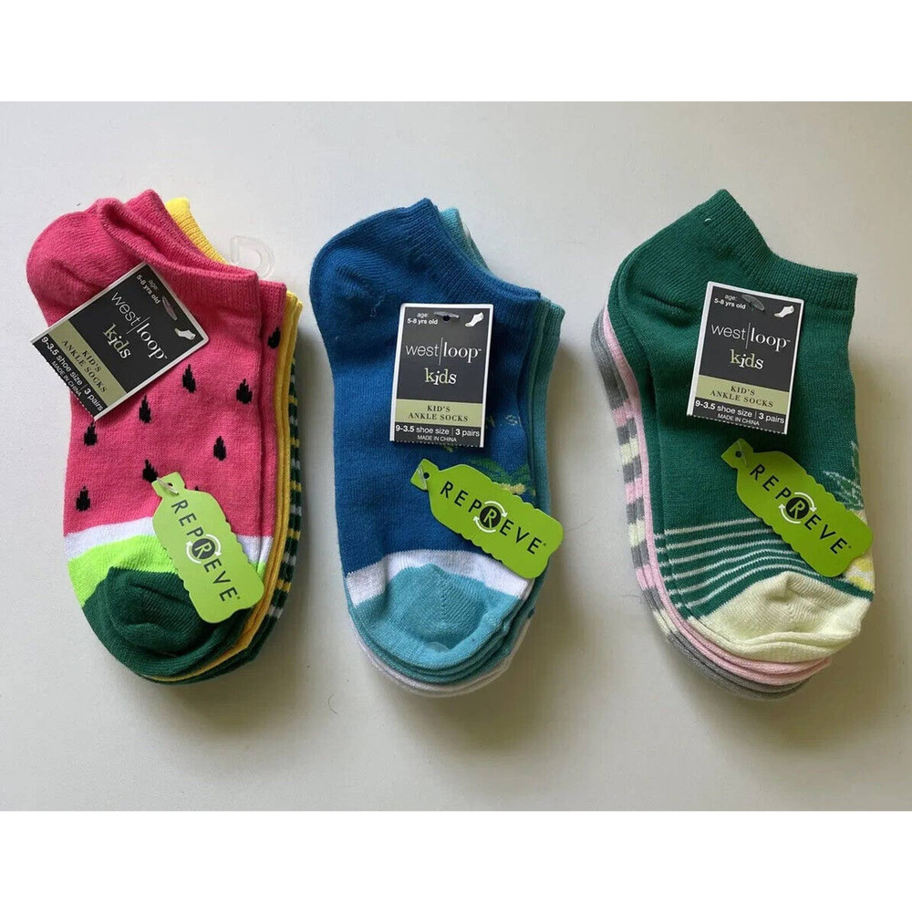 West Loop Girls Socks Assorted Pattern Ankle Socks 3 Pks/9 Pair Socks 9-3.5 NWT